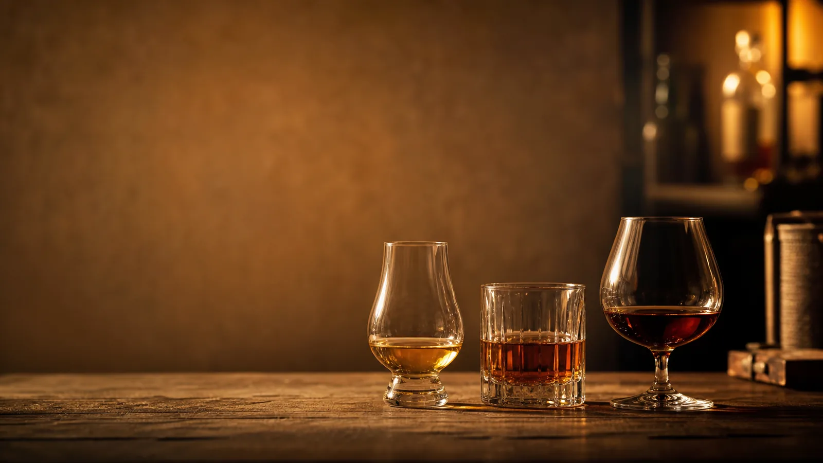 Différents verres à whisky alignés
