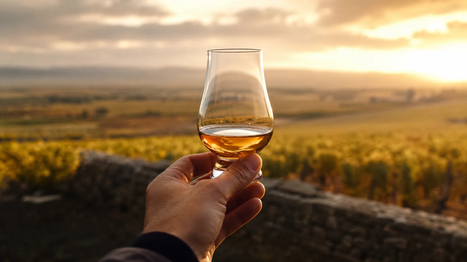 Whisky français et vignes au coucher du soleil