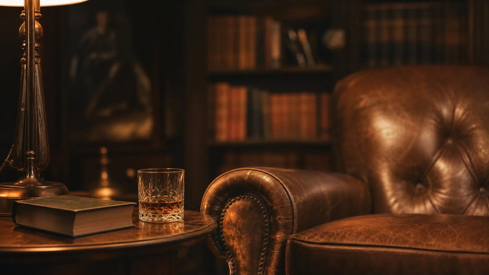 Fauteuil et verre de whisky dans une bibliothèque