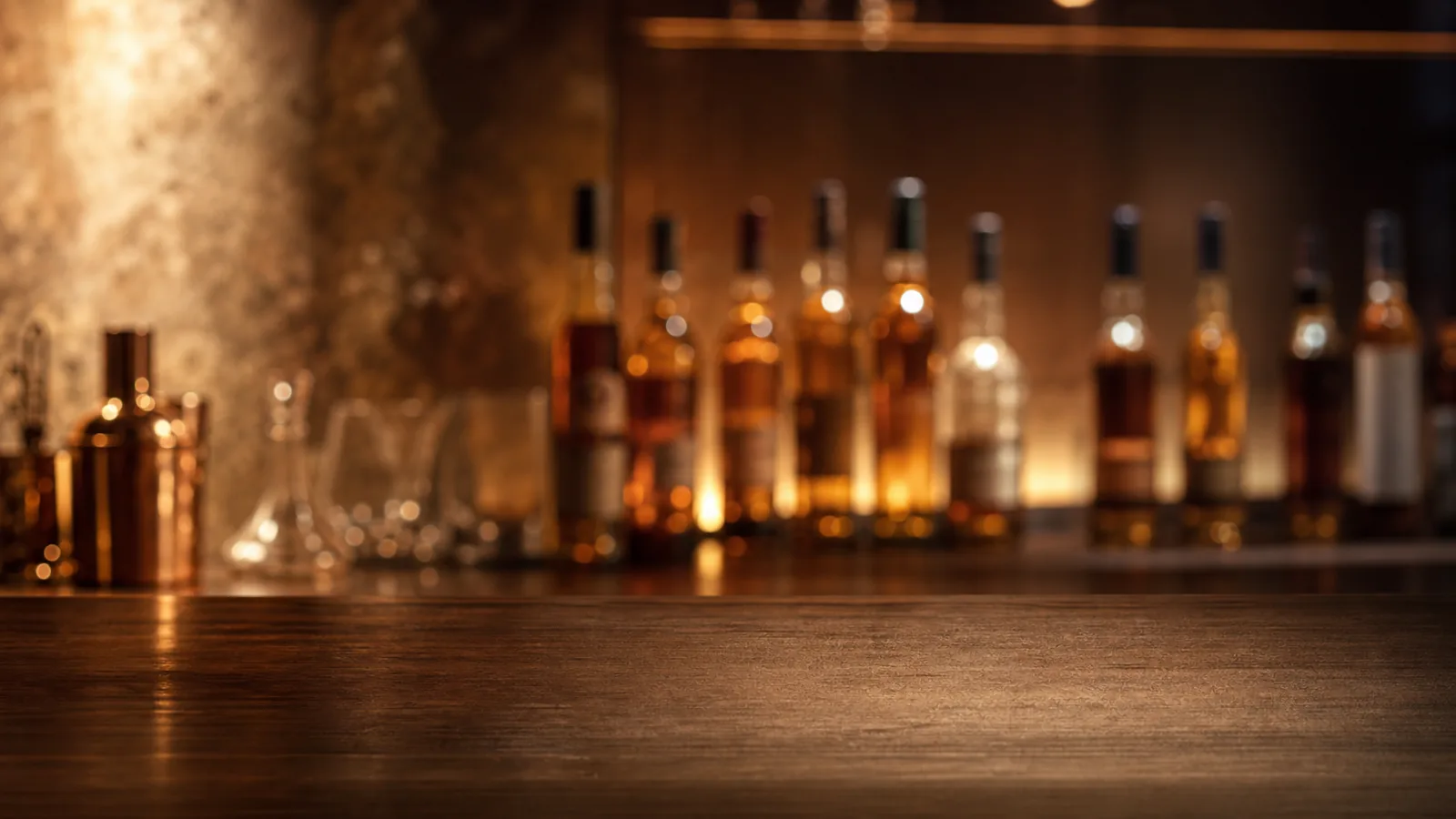 Rangée de bouteilles de whisky derrière un bar
