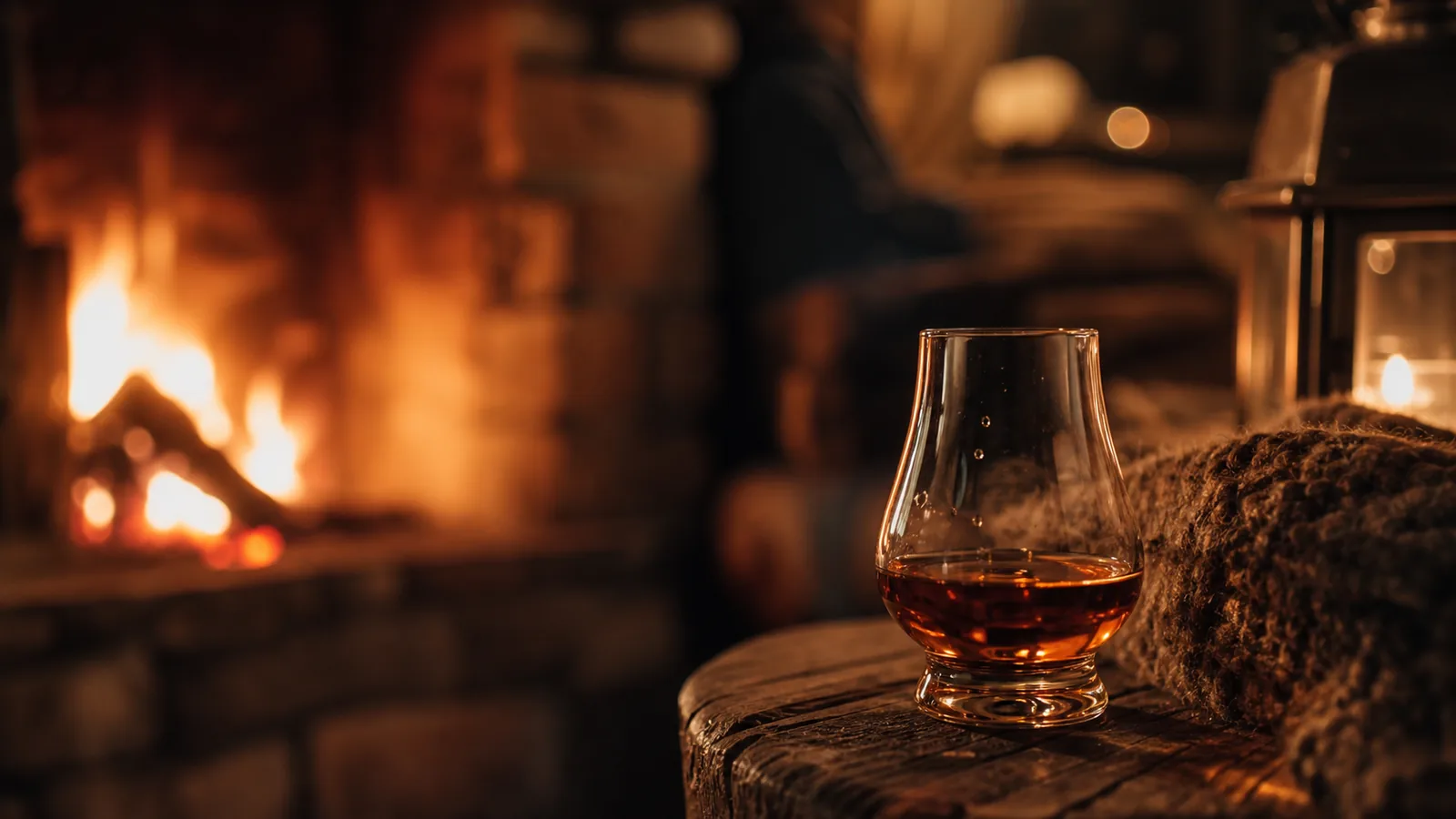Verre de whisky au coin du feu