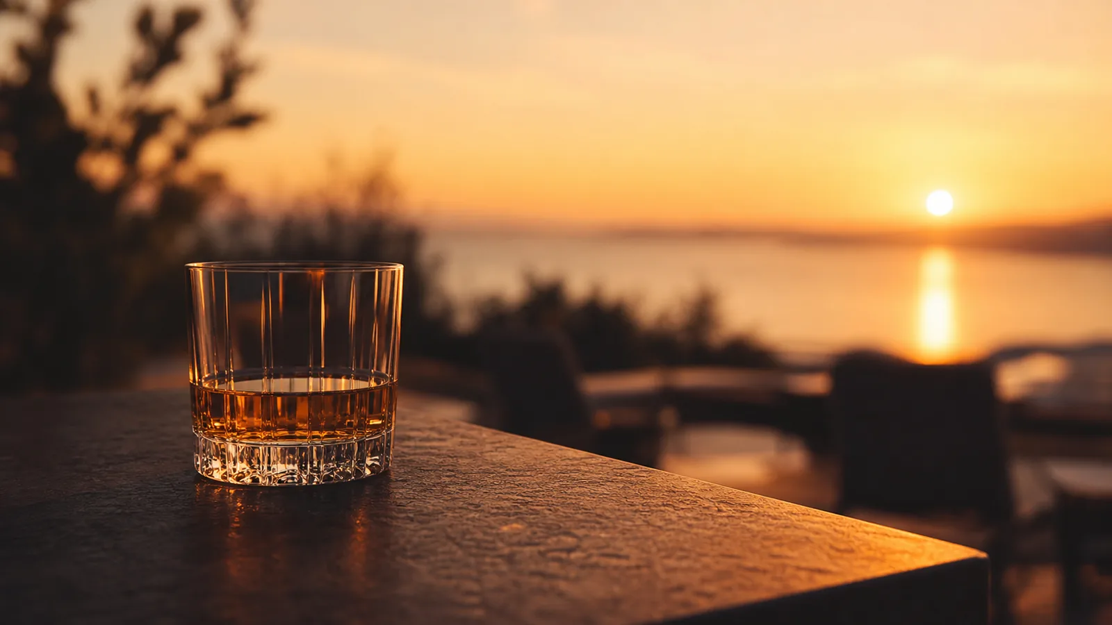 Verre de whisky sur une terrasse au coucher du soleil